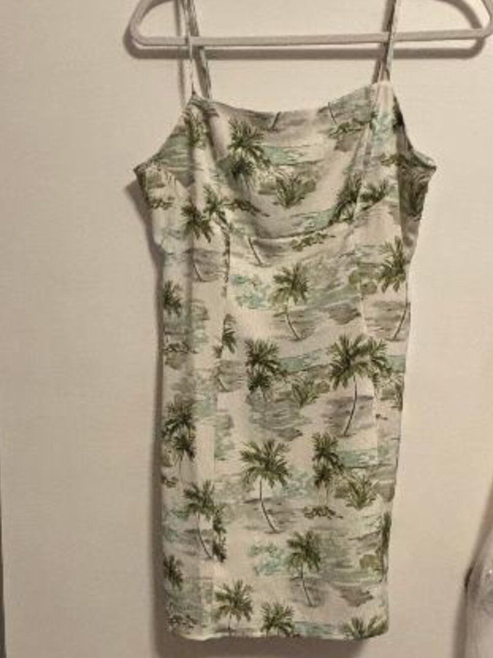 Forever 21 White w Green palm tree Print Satin Slip Dress Spaghetti Strap L